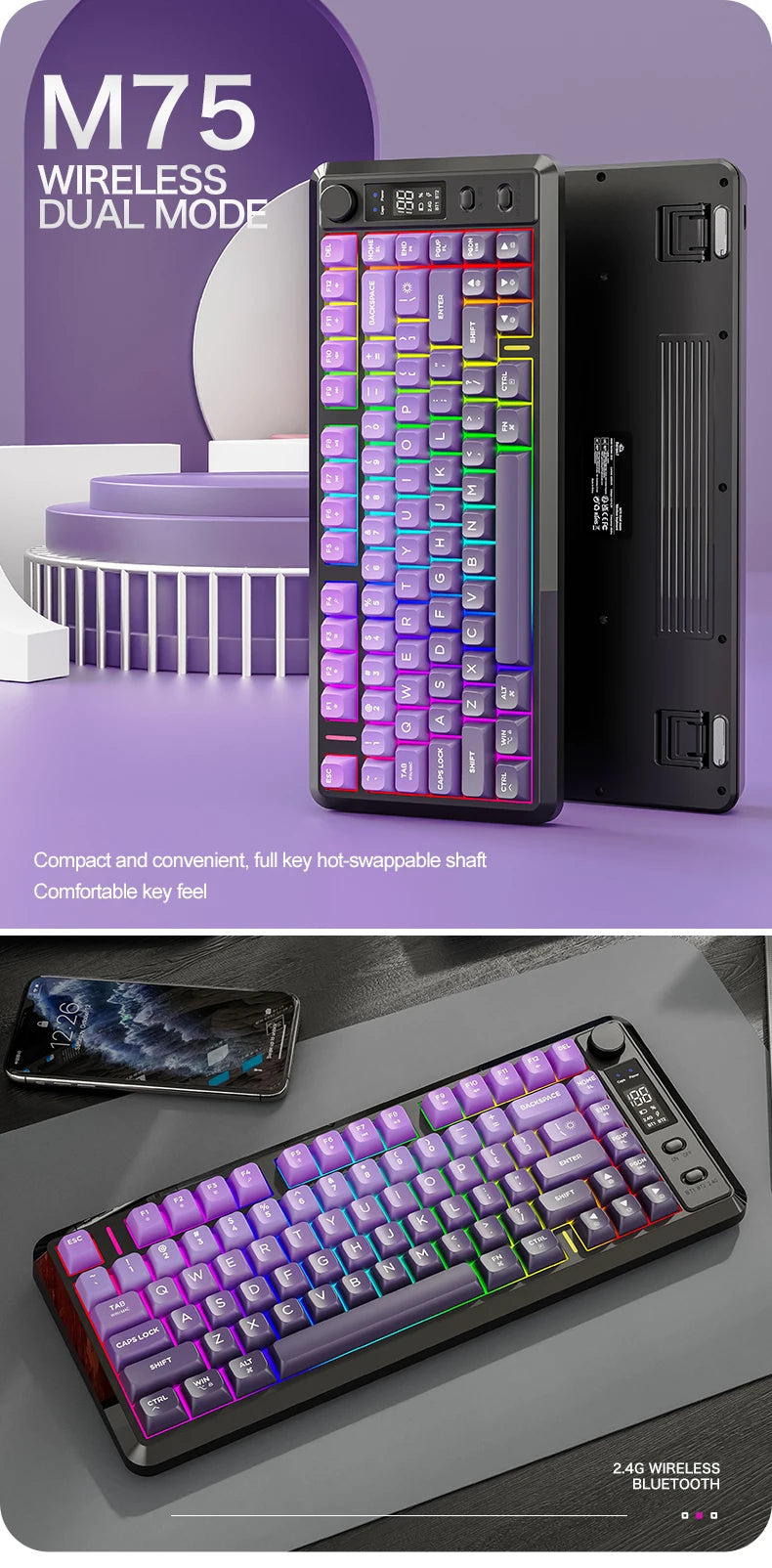 FREEWOLF M75 Wireless Keyboard, Bluetooth Dual-mode, PBT Gradient Ball Cap, With Display Screen, Gaming Keyboard