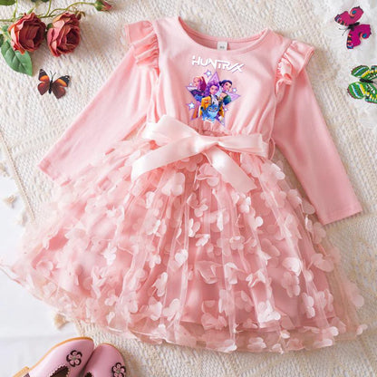 Girls' K-Pop HUNTRX "Butterfly Dreams" Dress: Long Sleeve 3D Applique Tutu Princess Gown