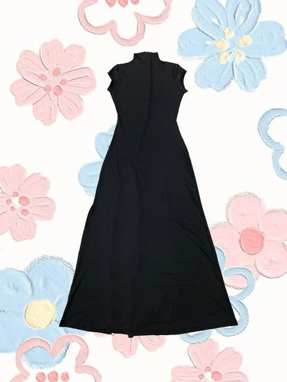 Black High Slit Dresses Half Turtleneck Zipper Slim Hip-Wrapped Long skirt Sexy Hot Girl Nightclub Dress For Women Streetwear