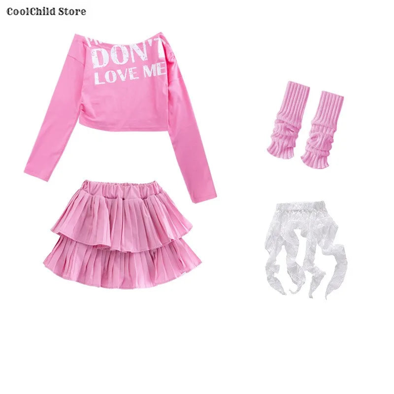Girls Hip Hop Off Shoulder Crop Top ‌Street Dance Skirts Cargo Pants Children Streetwear Jeans Kids K-pop Girl Group Clothes Set