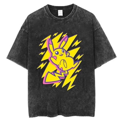 Pokemon Anime Retro Washed T-shirt Cotton Men's and Women's Summer New Item Plus Size T-shirt Y2K Loose Casual Short Sleeved Top