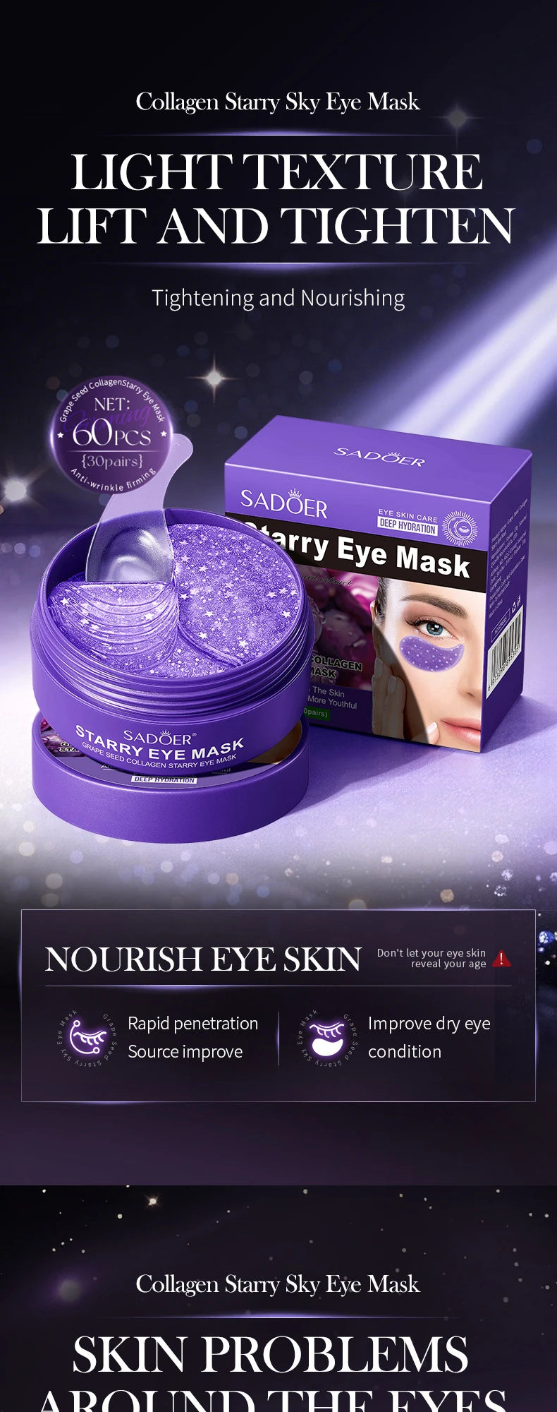 SADOER Starry Grape Collagen Eye Mask: 60pcs Anti-Dark Circle & Deep Hydration Patches