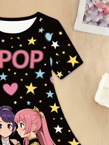 Girls' K-Pop "Anime Star" Summer Dress: Harajuku Style Short Sleeve A-Line Gown
