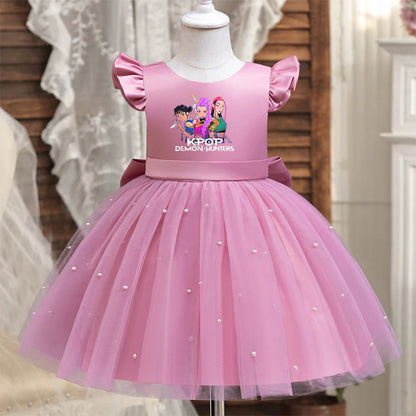 Girls' K-Pop "Pearl Essence" Gala Gown: Pink Tulle Tutu Dress with XL Back Bow & Beading