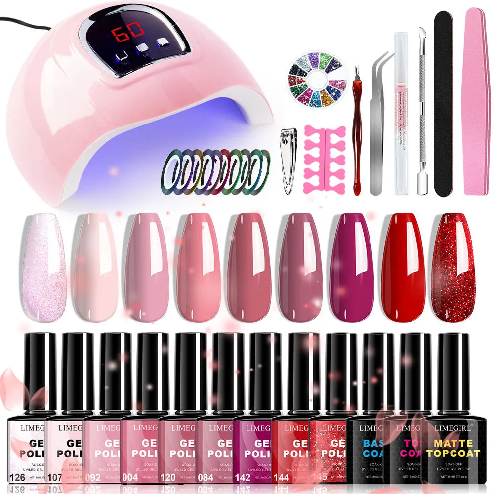 Limegirl Gel Nail Kit with Nail Lamp, 8ml Morandi Set, Base/Top/Matte, 30 Days Wear, UV/LED for Home & Salon