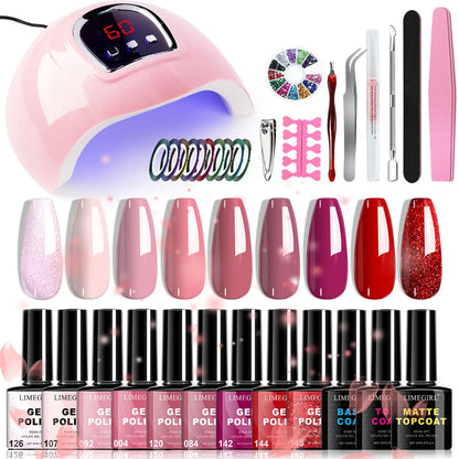 Limegirl Gel Nail Kit with Nail Lamp, 8ml Morandi Set, Base/Top/Matte, 30 Days Wear, UV/LED for Home & Salon