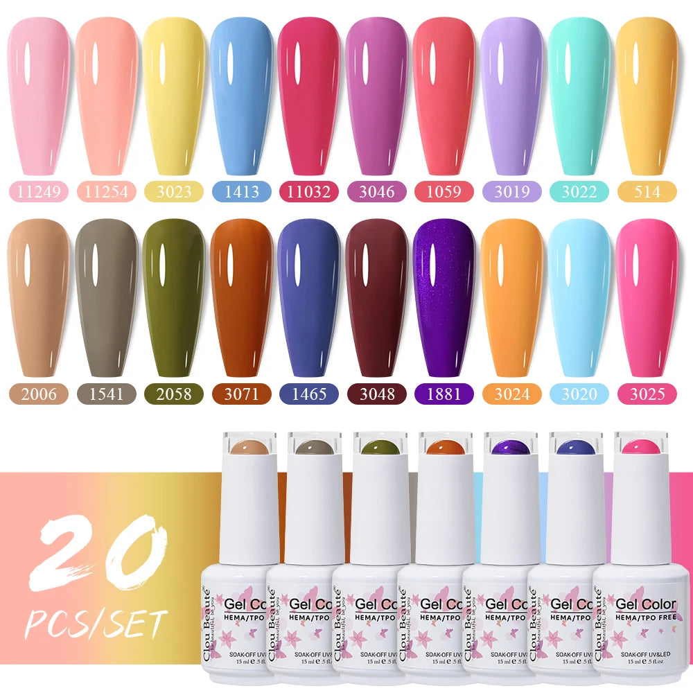 Clou Beaute 20pcs TPO & HEMA FREE Nail Gel Polish Set Red Pink Nude UV LED Soak Off Polish Gel Nail Semi Permanent Nail Varnish