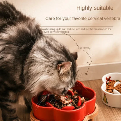 Ceramic Slow Food Bowl Anti-choking Cat Feeding Basin To Prevent Black Chin Small Dog Cat Neck Guard Wooden Frame Slow Food Bowl
