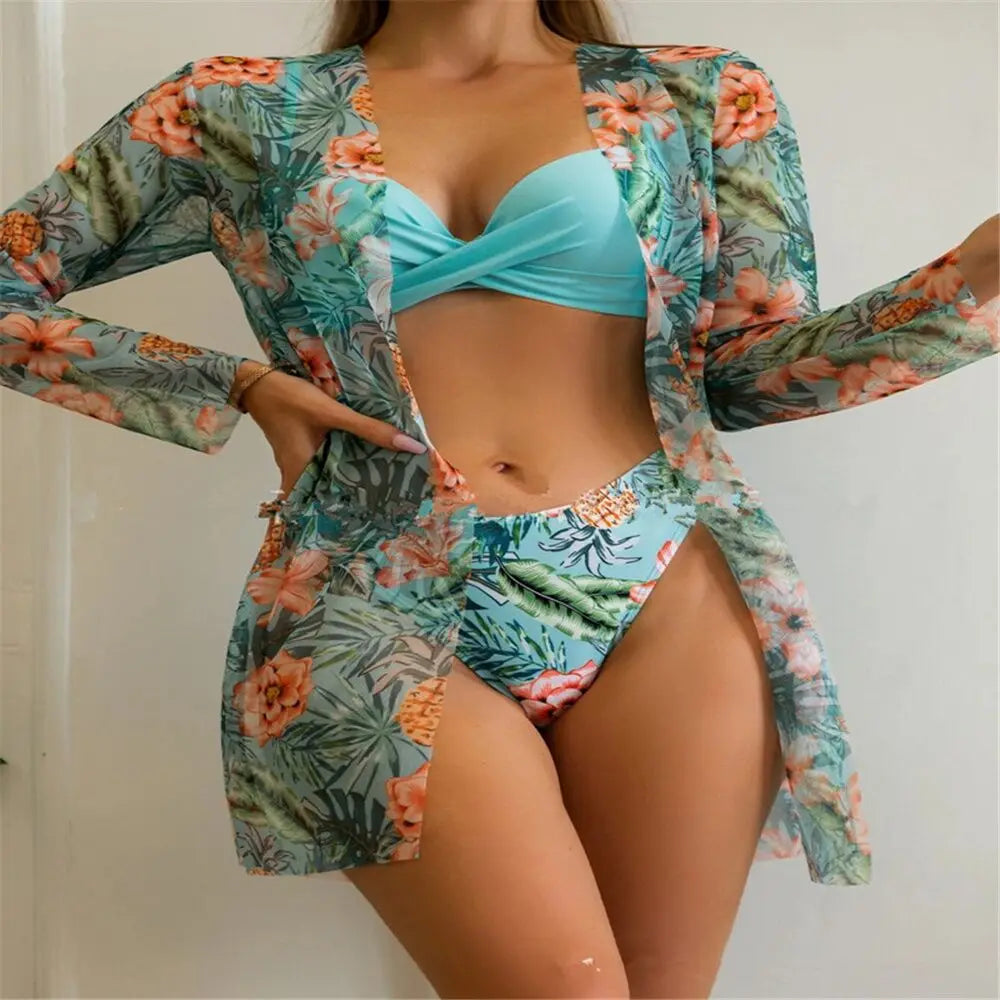 Three Pieces Bikini Set Cover Up Women 2023 New Push Up Twist Swimsuit Print Long Sleeve Swimwear Biquini Bathing Suit Summer