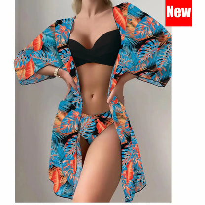 Three Pieces Bikini Set Cover Up Women 2023 New Push Up Twist Swimsuit Print Long Sleeve Swimwear Biquini Bathing Suit Summer