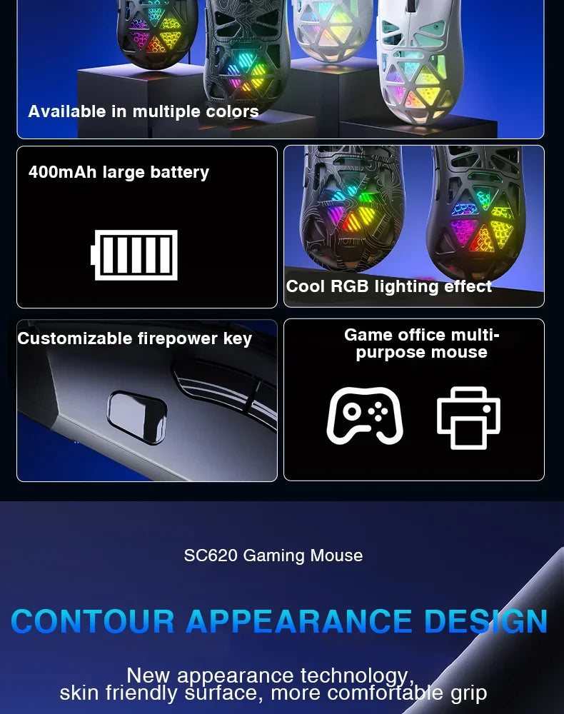 AULA SC620 Gaming Mouse Wired/Bluetooth/2.4G Light Weight Mouse Gamer PAW3311 Adjustable 12,000 DPI Life PC Gaming Accessories