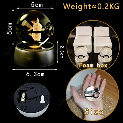 Pokemon Crystal Ball 3D Pikachu Mewtwo Gengar Pokeball 3D Night Light Lamp Glass Statue Pokemon Crystal Ball Kids Birthday Gift