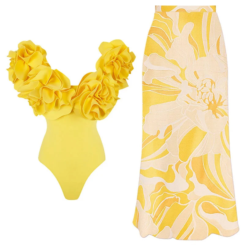 2024 Sexy Women's Swimsuit with Skirt One-Piece Swimwear Vintage Ruffle V Neck Cover Up Bikinis Set Beachwear Bathing Suit