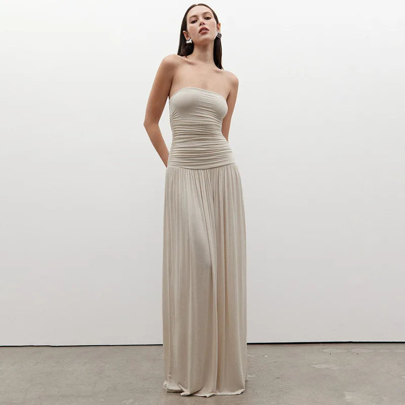 2026 Summer Fashion Solid Color Strapless Strapless Sleeveless Lady Long Dress New Elegant Sexy Slimming Pleated Women's Dresses
