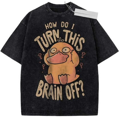 T Shirt Sports T Shirt Short Sleeve T Shirt Beige Unisex Pure Cotton Washed Vintage Pokemon Psyduck Print with Question Marks