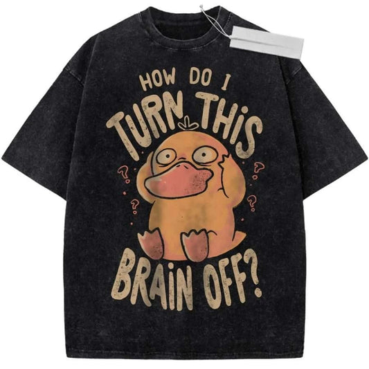 T Shirt Sports T Shirt Short Sleeve T Shirt Beige Unisex Pure Cotton Washed Vintage Pokemon Psyduck Print with Question Marks