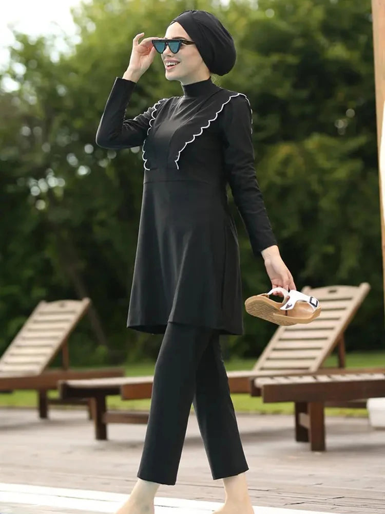 3PCS Black Series Modest Burkini Femmes Muslim Swimsuit Swimwear Summer Beach Women's Swimsuit Lotus Leaf Edge Design