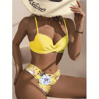 Three Pieces Bikini Set Cover Up Women 2023 New Push Up Twist Swimsuit Print Long Sleeve Swimwear Biquini Bathing Suit Summer
