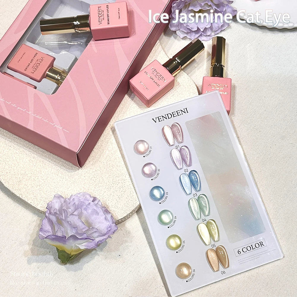 Vendeeni 6 Colors Crystal Cat Eye Gel Nail Polish Set Semi Permanent Sparkling Magnetic UV LED Soak Off Gel Varnish With Display