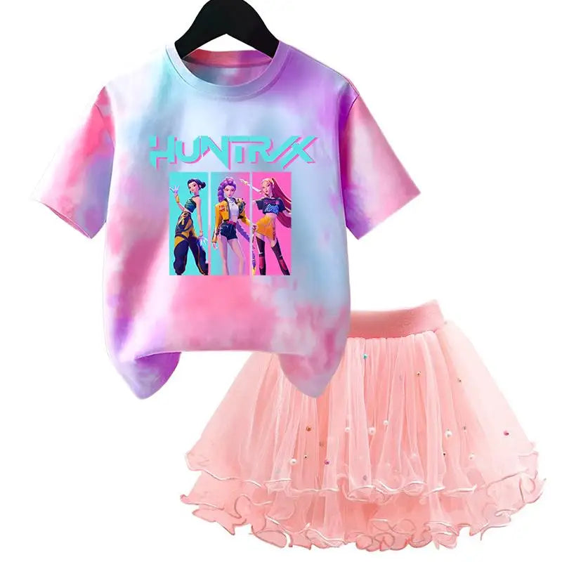 Girls' K-Pop HUNTRX Princess Set: Tie-Dye Graphic Tee & Pearl Tutu Skirt 2-Piece Outfit