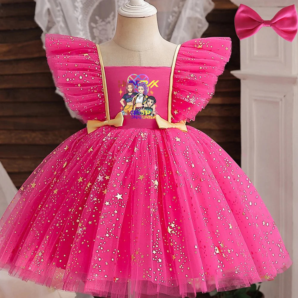 K-Pop Hunters Zoey Rumi Girl Fall Party Dress Birthday Holiday High Waist Tulle Dress Bow Wedding Gown Kids Wear Princess Dress