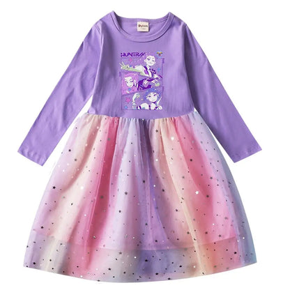 Girls' K-Pop Demon Hunters "Star Sparkle" Long Sleeve Tutu Dress: Rainbow Tulle Princess Gown