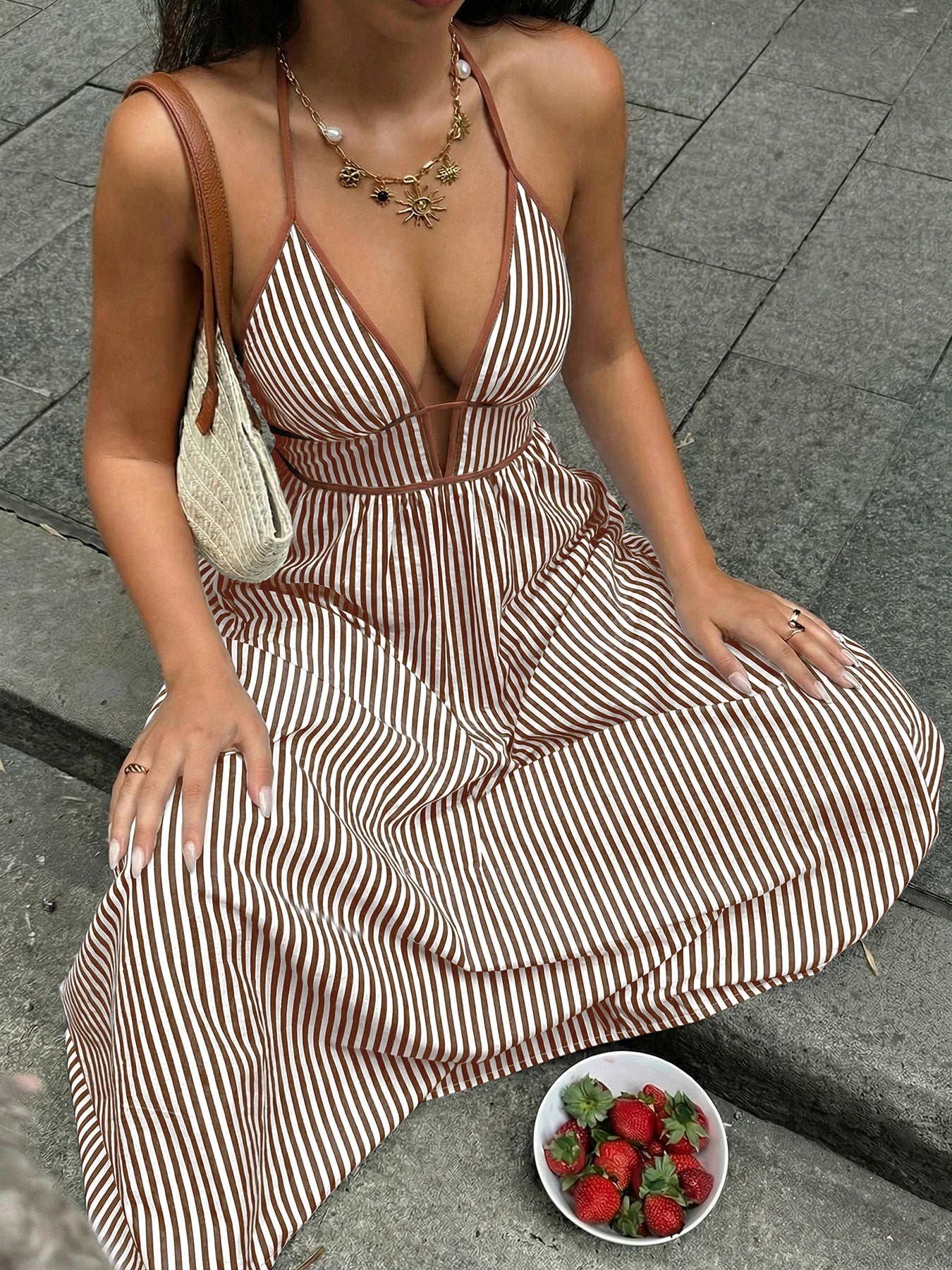 2026 Summer New Style Deep V-neck Striped Beach Dress, Sexy Backless Sleeveless Neckline Long Dress