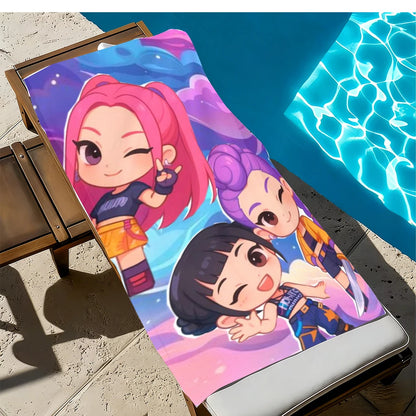 1pc Cute Chibi Girls Beach Towel Pink Purple Cartoon Quick Dry Microfiber Bath Towel for Swimming Surfing Camping Unisex Holiday