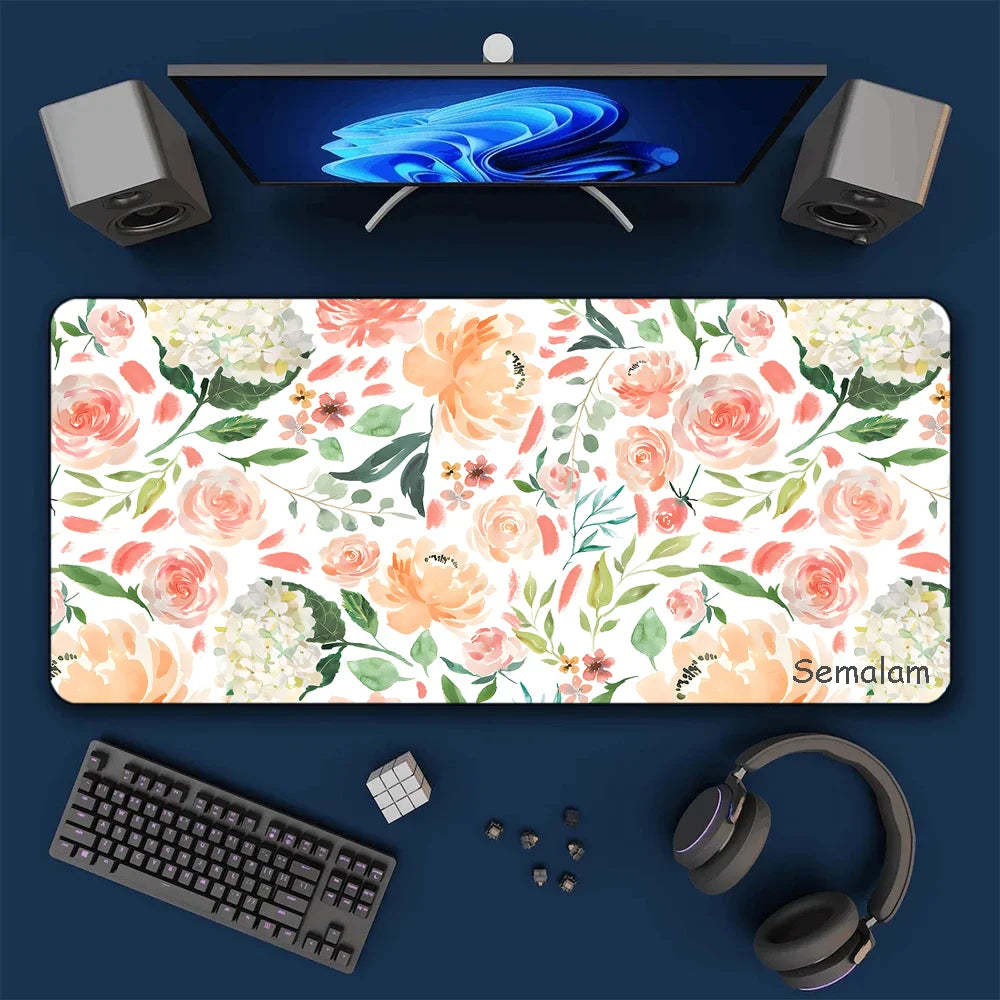 Watercolor Floral Extended Mouse Pad: Non-Slip Large Desk Mat for Office & Gaming