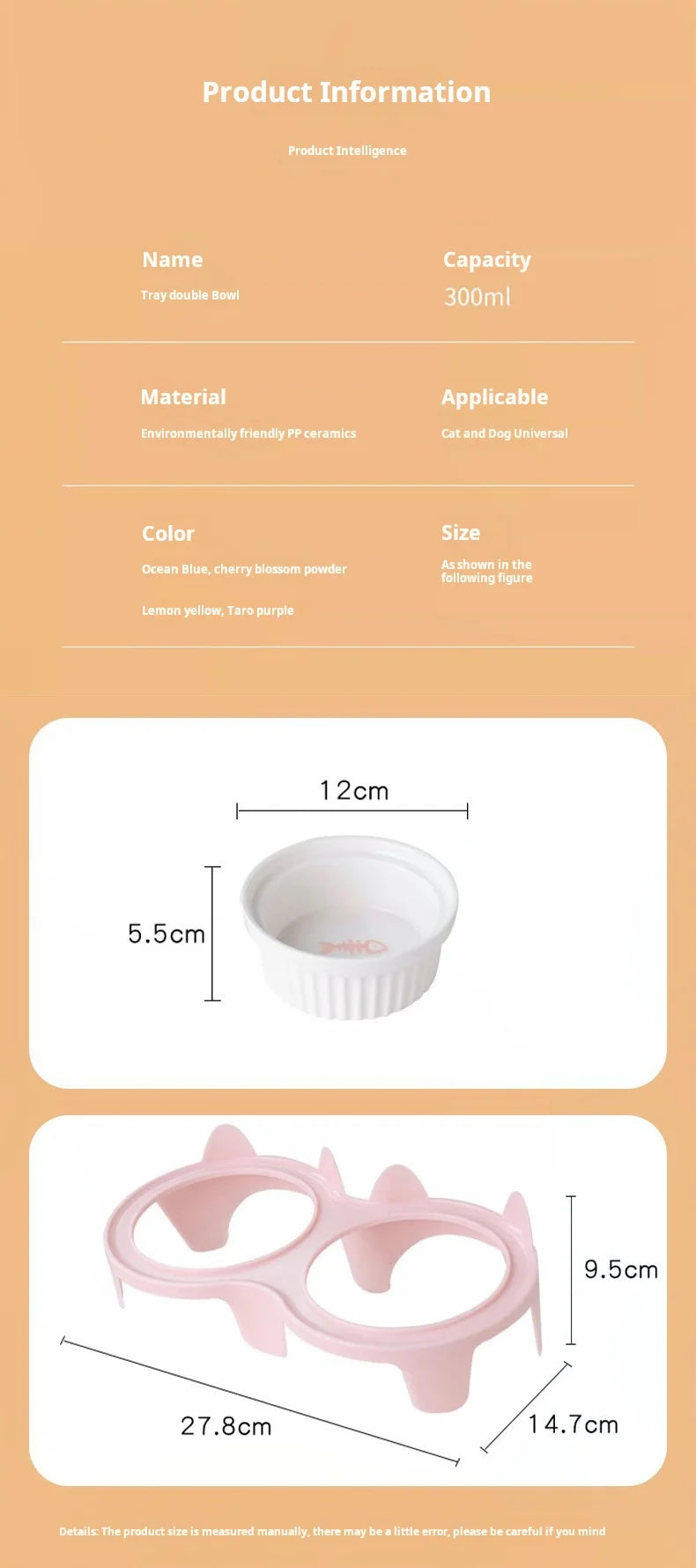 Cat bowl ceramic, cat food bowl double bowl drinking water, dog basin, pet oblique mouth to protect the cervical vertebrae