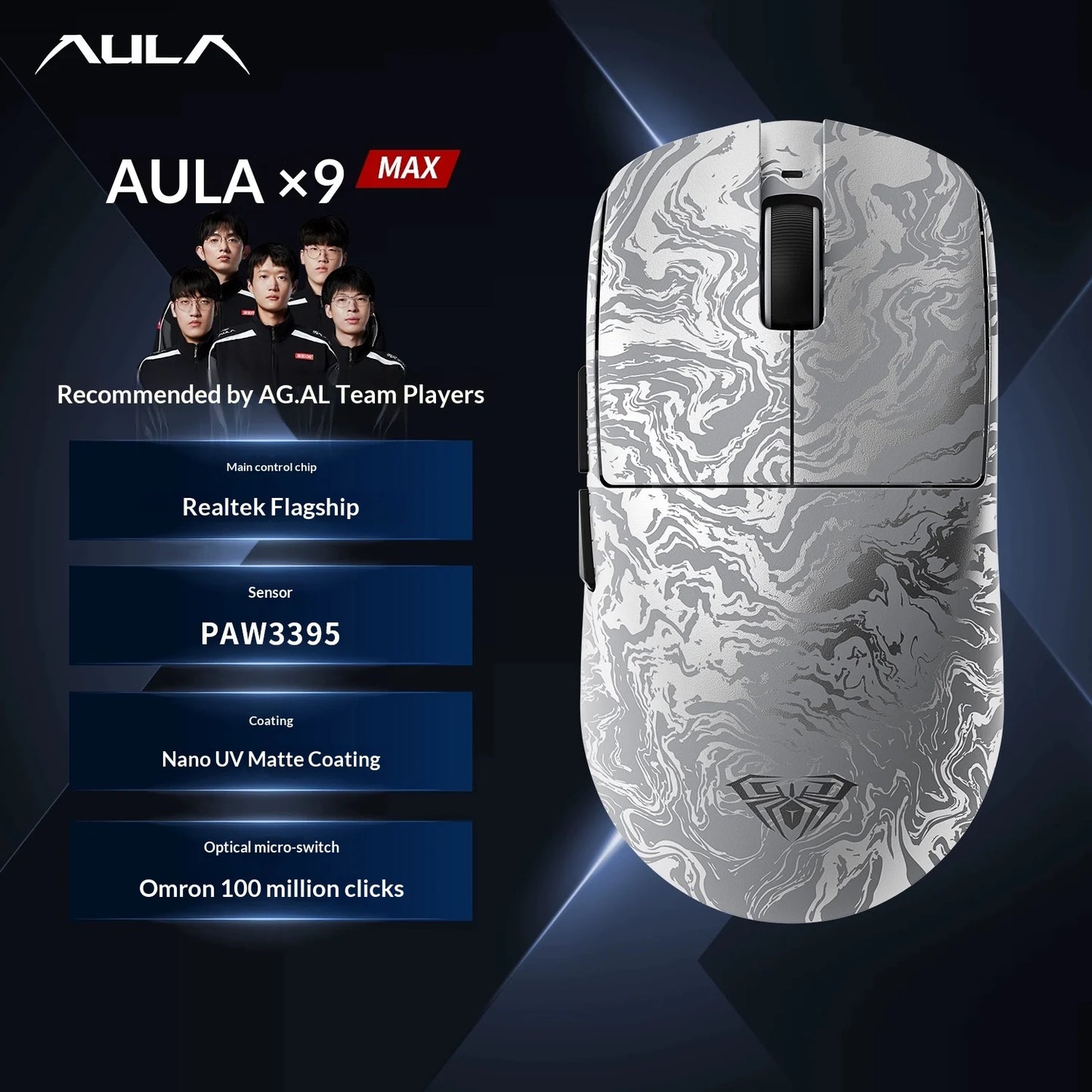 AULA X9 Max Ultra Gaming Mouse Wireless Tri Mode Dual 8KHz 500mAh PAW3950 Lightweight Ergonomic Esports Mouse Gaming Accessories