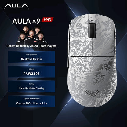 AULA X9 Max Ultra Gaming Mouse Wireless Tri Mode Dual 8KHz 500mAh PAW3950 Lightweight Ergonomic Esports Mouse Gaming Accessories