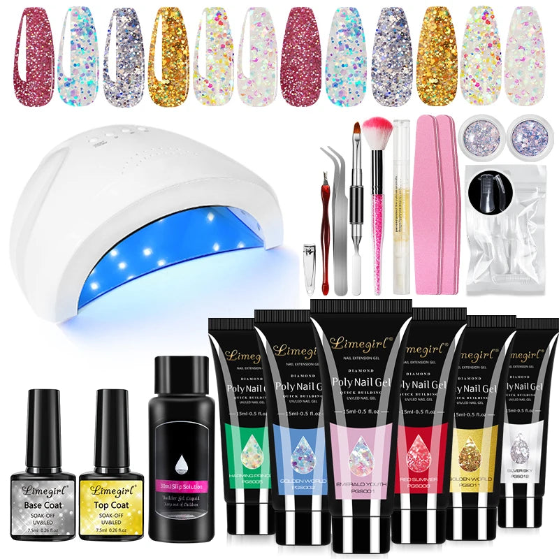 LIMEGIRL Acrylic Manicure Kit UV LED Light Semi-Permanent Gel Varnish Kit Gel Extension Nail Kit Dryer Soak Manicure Tool Kit