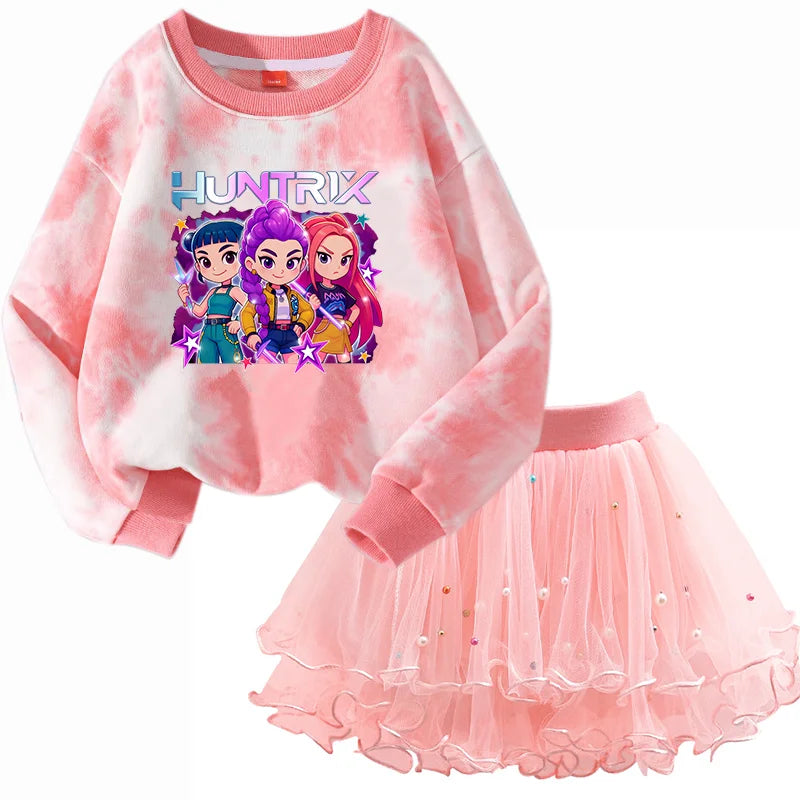 Girls' K-Pop HUNTRX Autumn Set: Pink Tie-Dye Sweatshirt & Pearl Tulle Princess Skirt