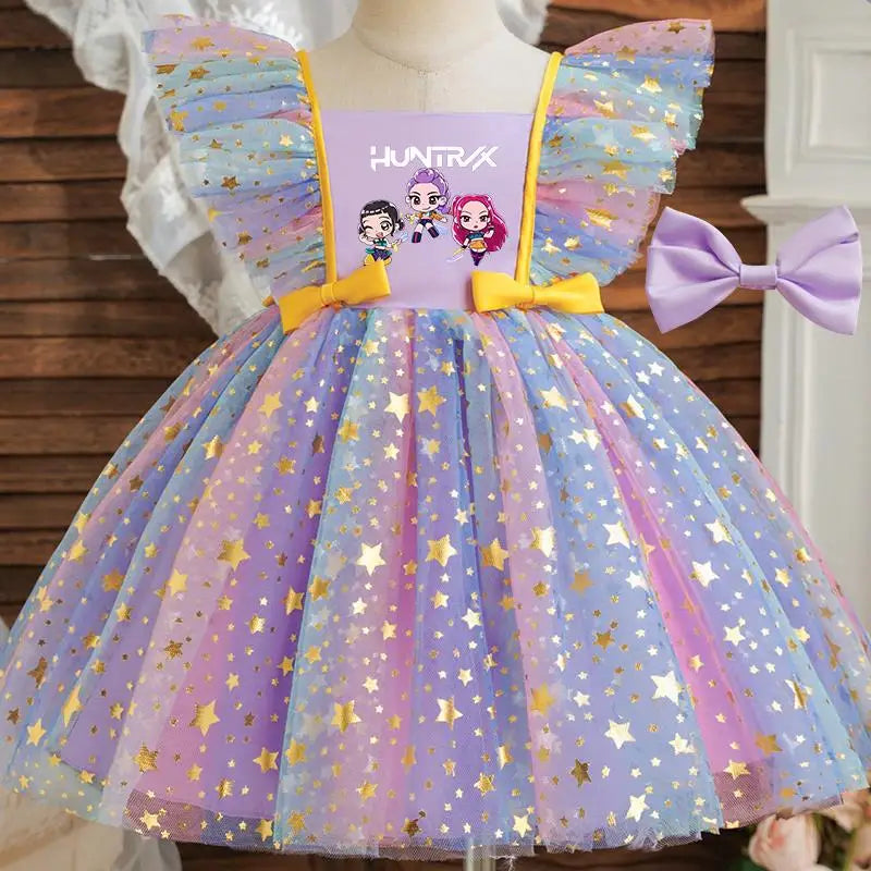 Girls' K-Pop "Starry Gala" Tutu Dress: Rainbow Tulle Gown with Gold Sequins & Ruffle Sleeves