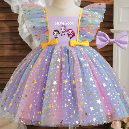 Girls' K-Pop "Starry Gala" Tutu Dress: Rainbow Tulle Gown with Gold Sequins & Ruffle Sleeves
