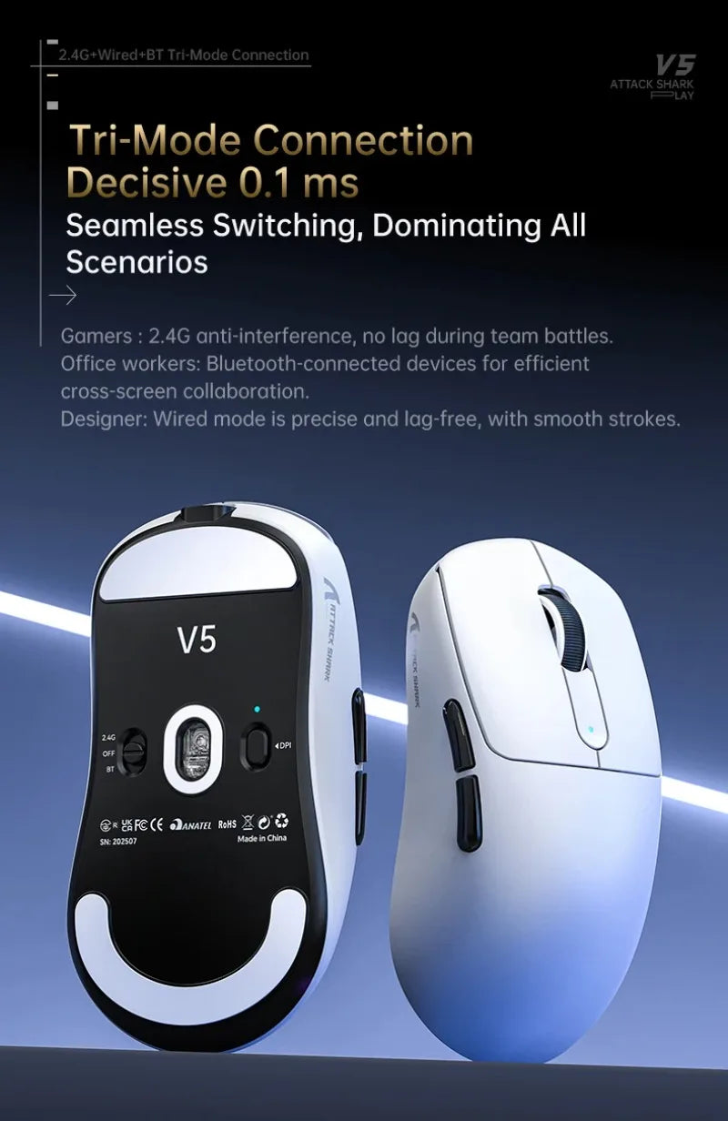 ATTACK SHARK V5 Wireless Gaming Mouse 3-Mode Ultra-Lightweight PAW3950MAX 8KHz Polling Rate For PC Gamer Accessories Gift
