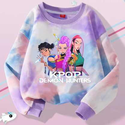 K-Pop Hunters Zoey Mira Rumi Tie-dyed Sweatshirt for Girl Pullover Crew Neck Child Sportwear Long Sleeve Cartoon Kids Tops