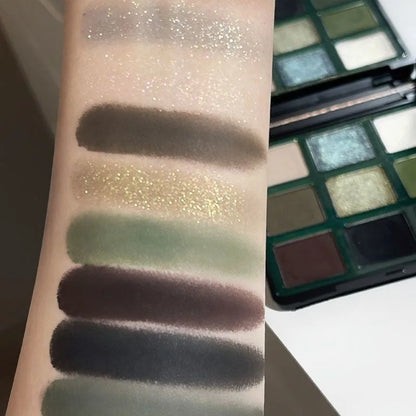 9 Color Eyeshadow Palette Olive Green Smoky Eye Look Pearlescent Shimmer Matte Eyeshadow Powder Makeup Palette Glitter Cosmetics
