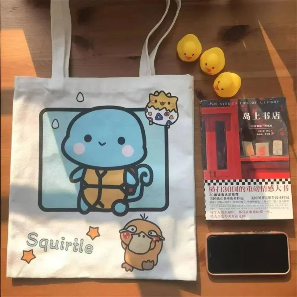 Pikachu Pokemon Canvas Tote Kawaii Psyduck Cute Autumn/Winter Daily Portable Handbag Shopping Grocery Reusable School Gifts ﻿