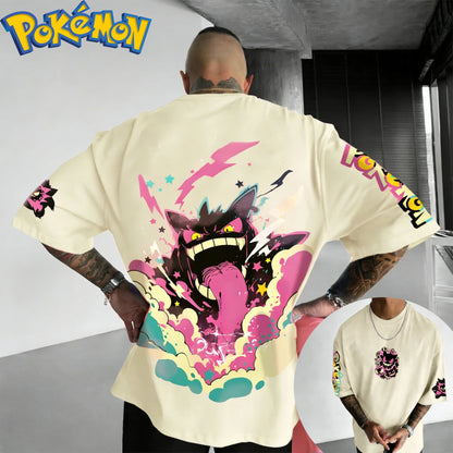 New Pokemon Cotton T Shirt with Gengar Back Print Pink Lightning Blue Smoke and Star Effects Loose Fit Men Women Casual