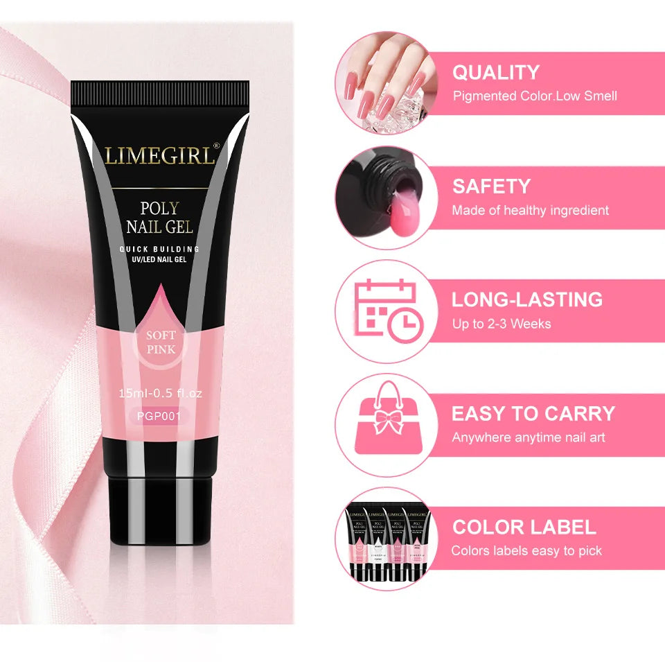 LIMEGIRL 15ml Nail Art Kit Poly Nail Gel Extending Set Cat Eye Extension Gel Nail Art Acrylic Gel Varnish Kit for Novice Beginne