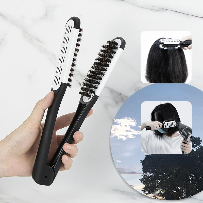 Pro Hairdressing Straightener Hairbrush Nylon Hair Straightening Double Brushes V Shape Comb Clamp Not Hurt Styling Tools DIY