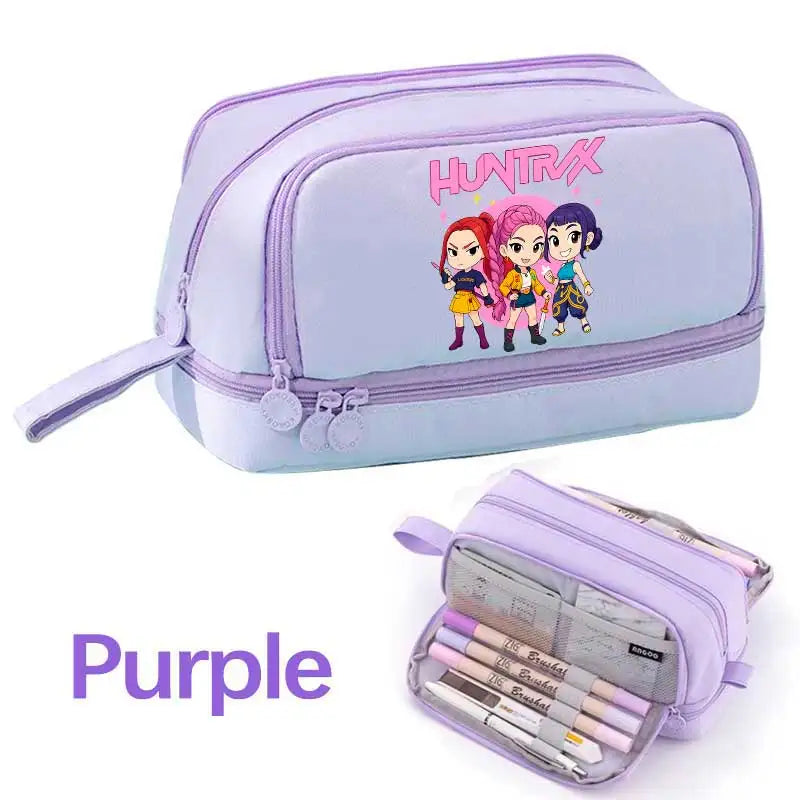 KPOP Pencil Case Student Storage Bag Stationery Large Space Storage 4 Compartment Pouch Double Side Opened