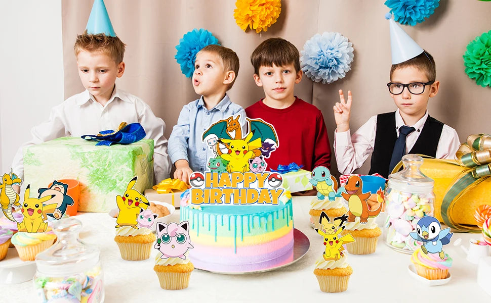 25 Pcs Pokemon Cake Toppers - Pokemon Cupcake Toppers & Large Pokemon Birthday Cake Topper for Pokemon Birthday Party Decoration
