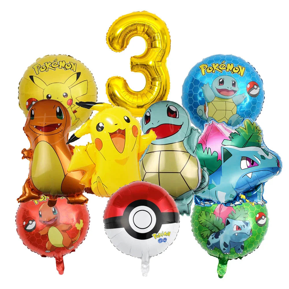 10pcs Cartoon Theme Party Balloon jump Pikachu Little Fire Dragon Jenny Turtle Foil Balloon Kids Birthday Party Decoration Gifts