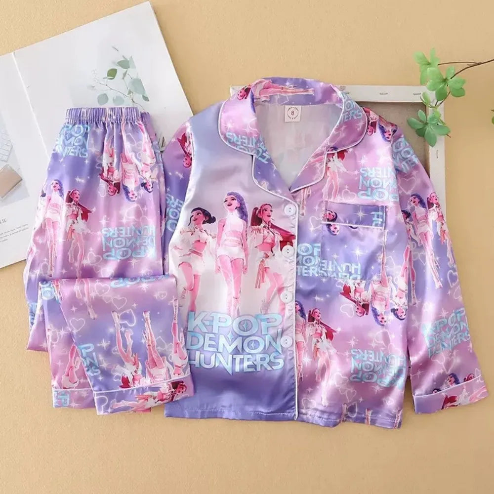 Kids' K-Pop Demon Hunters Satin Pajama Set: Long Sleeve Luxury Sleepwear