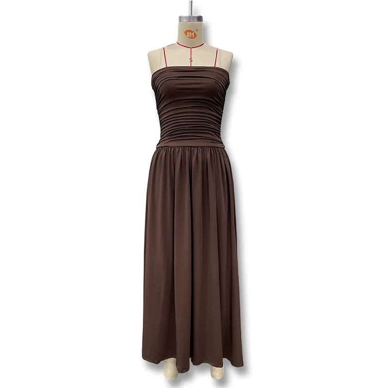 2026 Summer Fashion Solid Color Strapless Strapless Sleeveless Lady Long Dress New Elegant Sexy Slimming Pleated Women's Dresses