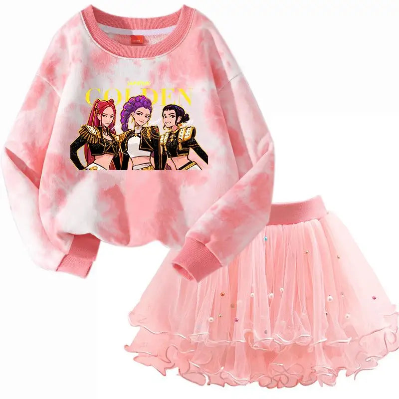 Girls' K-Pop HUNTRX Autumn Set: Pink Tie-Dye Sweatshirt & Pearl Tulle Princess Skirt