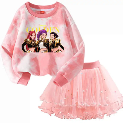 Girls' K-Pop HUNTRX Autumn Set: Pink Tie-Dye Sweatshirt & Pearl Tulle Princess Skirt